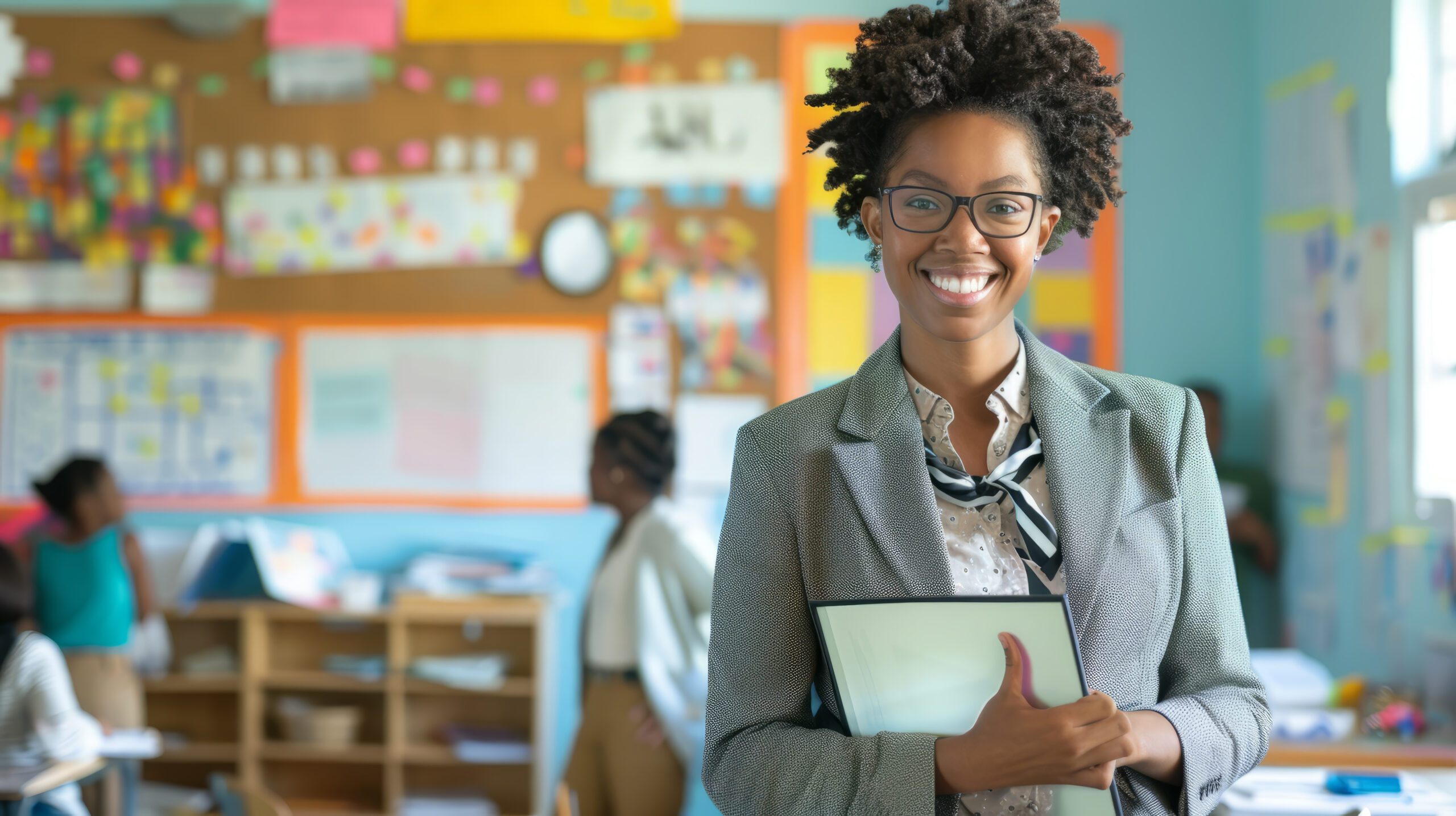 A teacher in professional attire, holding a book, standing in a